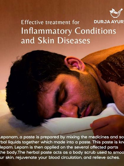 Lepanam is an effective treatment for inflammatory conditions and skin diseases. A paste of medicinal herbs is applied to the affected area to smooth the skin, improve circulation, and relieve aches.