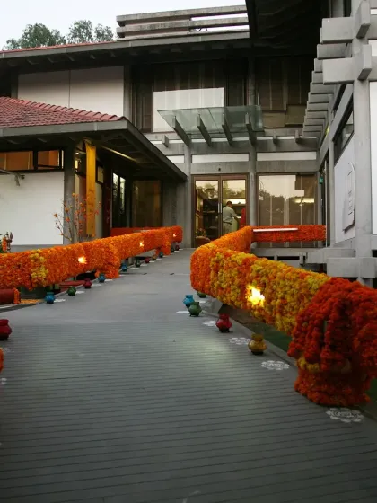 The entrance to Yogakshema, decorated with marigolds for a special occasion. This path leads you into a world of healing, community, and self-discovery.
