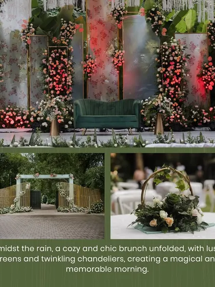 This collage showcases a chic brunch reception held in a lush, green setting. The event featured a modern stage with a floral-patterned backdrop, a bamboo gate entrance, and elegant table centerpieces, blending natural beauty with contemporary design.