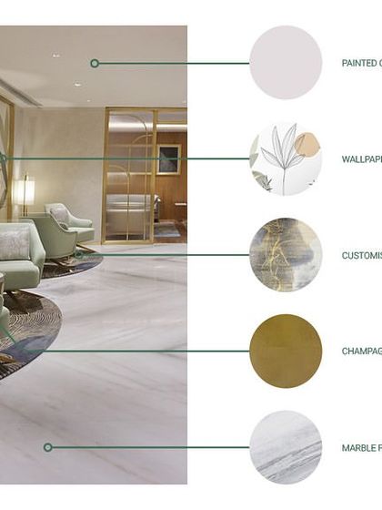 A material palette for the main lounge at 'The Reserved Lounges'. This board clearly communicates the proposed finishes, including marble flooring, custom rugs, champagne gold metal, and wallpaper, ensuring alignment with the client.