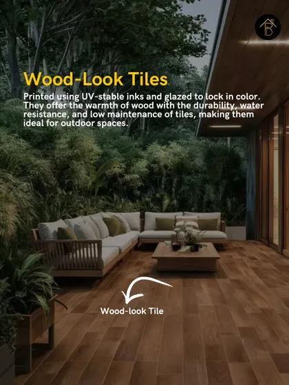 For the warmth of wood without the maintenance, wood-look tiles are an ideal outdoor solution. They are printed with UV-stable inks and glazed to lock in color, offering excellent water resistance and durability.