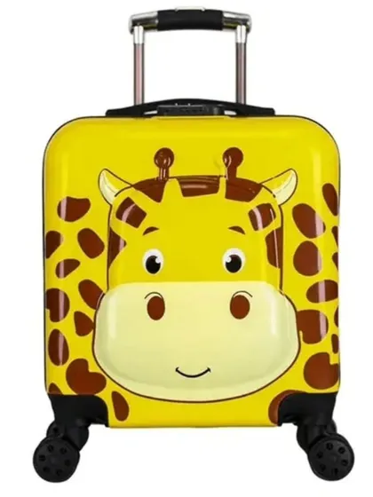A close-up of the adorable giraffe-themed kids' trolley bag. The design is printed on a durable, glossy surface that's easy to clean.
