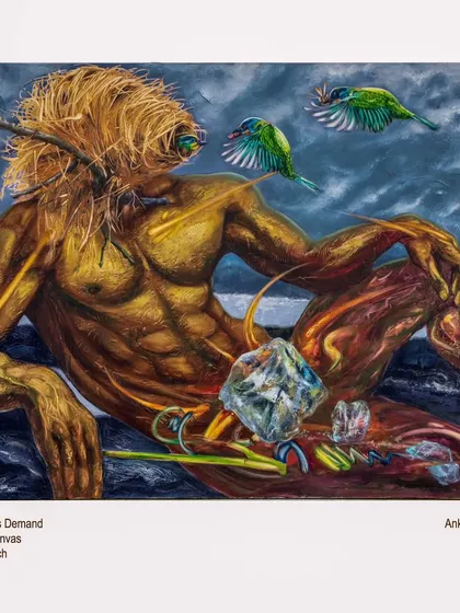 "Supply vs Demand," a 48x60 inch oil on canvas from 2022. This piece uses surrealism and a reclining male figure to comment on our relationship with nature and its resources.