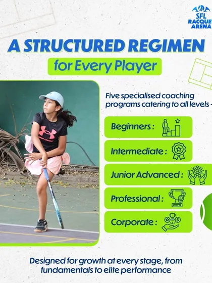 We offer a structured regimen for every player. Our five specialized coaching programs cater to all levels, from beginners and intermediates to junior advanced, professional, and corporate players.
