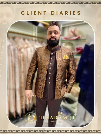 This client chose a rich brown brocade Jodhpuri jacket over a dark kurta. He looks sophisticated and ready for a wedding celebration.