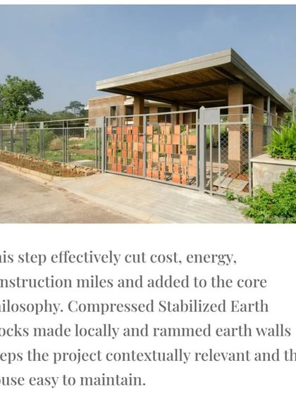 The entrance gate incorporates terracotta blocks, introducing the project's material philosophy from the very first point of contact. Using locally sourced materials effectively cut costs, energy, and construction miles.