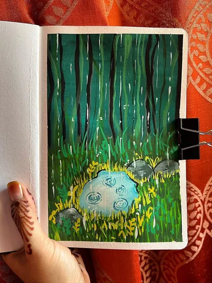 My first attempt at using gouache paints, creating a small scene of a pond in a dense forest. I love experimenting with new materials to see what I can create.