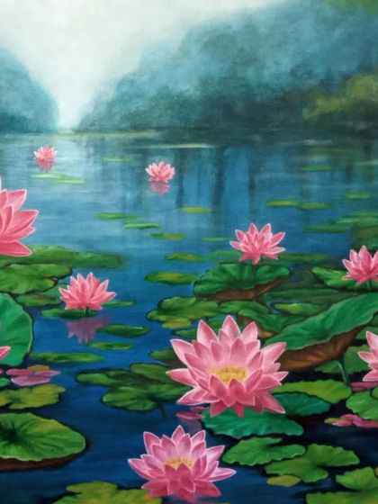 Another view of the large lotus pond painting. This section highlights the misty mountains in the background, giving the serene landscape a sense of depth and distance.