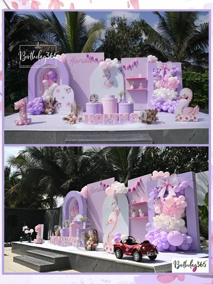 A beautiful swan-themed birthday party setup in soft pastel lavender and pink. This collage displays the full outdoor stage with custom arches, balloon arrangements, and elegant swan figures, perfect for a graceful celebration.
