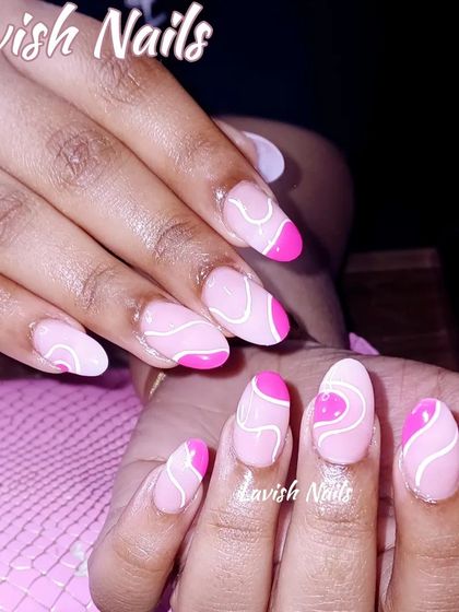 A vibrant take on the abstract swirl design, using bright pink and white on a nude base.