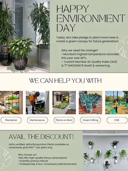 Facing rising temperatures and poor air quality in Mumbai, I offer a range of solutions to help you create a green canopy. From corporate social responsibility programs and green gifting to office plant rentals and maintenance, I can tailor a plan to fit your needs.