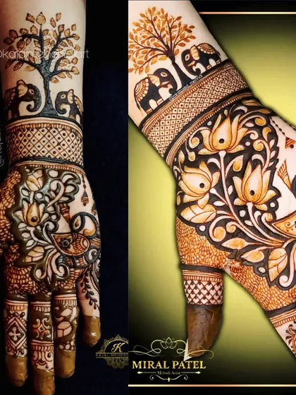 A design that combines bold floral and leaf patterns with traditional elephant motifs. This is a great example of a semi-heavy design for a close family member.