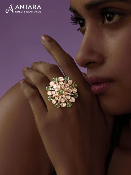 A single piece can transform a moment. I designed this statement cocktail ring, a floral bloom of uncut polkis and emeralds set in warm gold, to turn every gesture into an expression of grace and confidence.