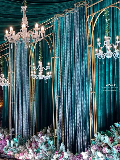 A close-up of the crystal curtains and chandeliers, adding a touch of sparkle and luxury.