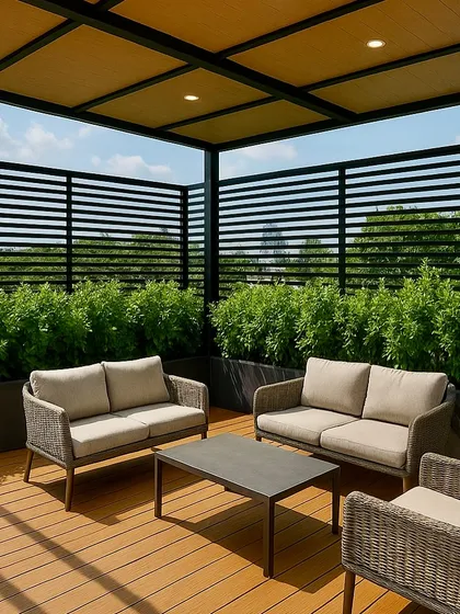 I designed this modern terrace in Gurugram to be a true outdoor living room. The combination of a wooden deck, comfortable wicker furniture, and a privacy screen of dense shrubs creates a chic, functional space for employees or residents to unwind.