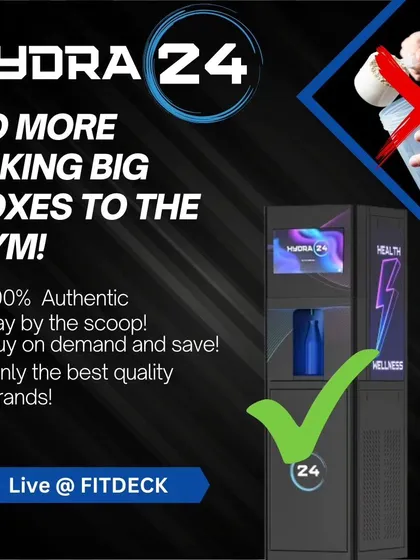 No more carrying bulky supplement boxes. We've partnered with Hydra24 to provide a vending machine for 100% authentic, pay-by-the-scoop supplements right here in the gym.