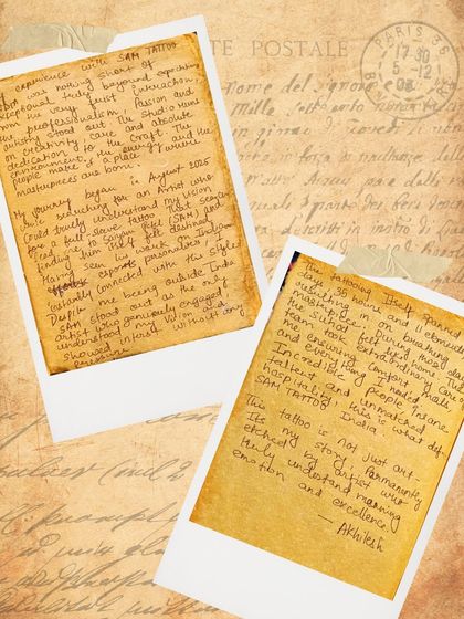 "This tattoo is not just art etched on my skin, it is my story permanently told by an artist who truly understands reasoning and excellence." Akhilesh's powerful handwritten testimonial.