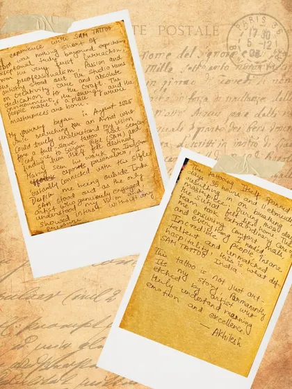 "This tattoo is not just art etched on my skin, it is my story permanently told by an artist who truly understands reasoning and excellence." Akhilesh's powerful handwritten testimonial.