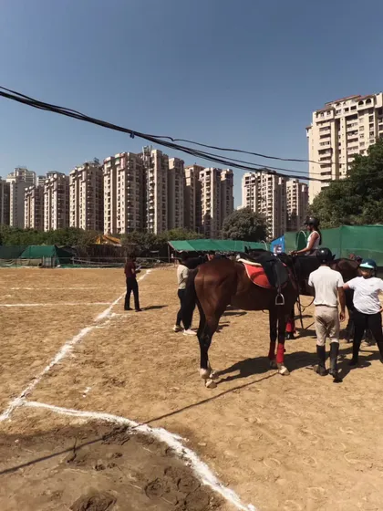 Our large, open grounds provide a unique setting for daytime events, with horses and stables nearby. This shot from a corporate decathlon shows the scale of our space with the city high-rises in the background.