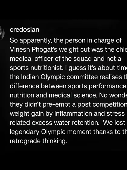 The person in charge of Vinesh Phogat's Olympic weight cut was a medical officer, not a sports nutritionist. This is the result of retrograde thinking in the Indian Olympic committee, and it cost us a legendary moment.