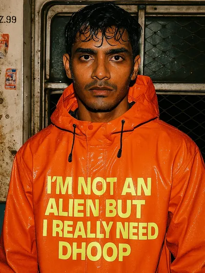 From my 'Rainquotes' series, a man in an orange raincoat that reads 'I'M NOT AN ALIEN BUT I REALLY NEED DHOOP'. A humorous and relatable sentiment for anyone who has lived through a long monsoon.