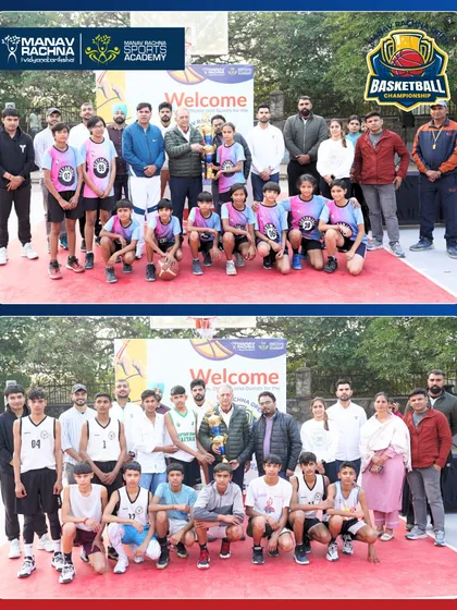 The winners and runners-up of the U-12 and U-14 boys' categories at the Manav Rachna Open Basketball Championship. Congratulations to all the young champions.