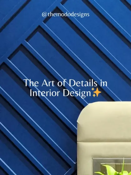 The art of details in interior design. This close-up shows a bold, geometric-paneled wall in a deep blue, a detail that adds immense character and depth to the room.