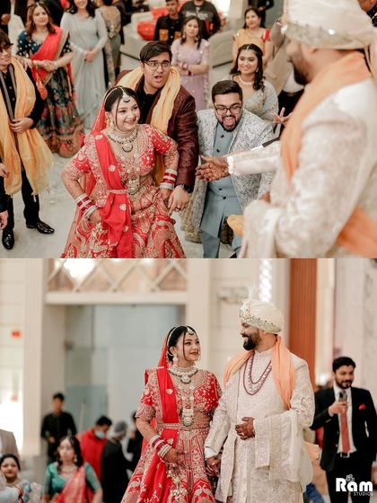 A collage showing the couple's entrance and interactions with guests, capturing the candid and joyful moments of the wedding.