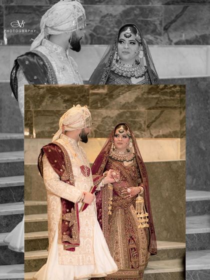 A creative collage of the couple's wedding portraits, blending different angles and black and white effects for an artistic touch.