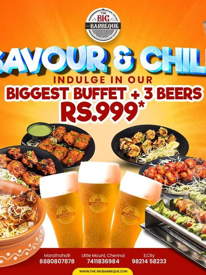 Savor and chill with our biggest buffet plus three beers for just ₹999. It's an unbeatable offer for a complete dining experience.