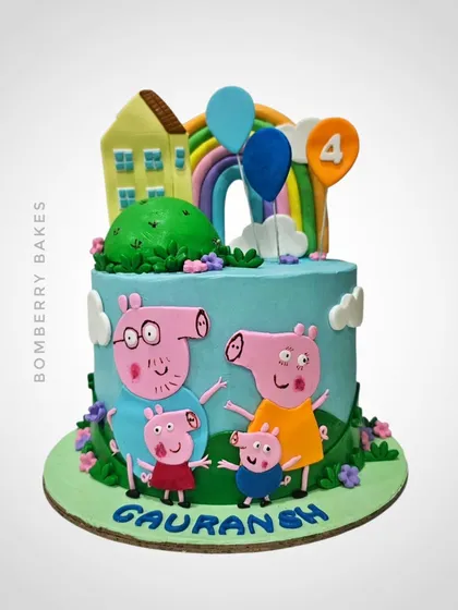 A fun Peppa Pig cake for a 4th birthday, featuring the whole Pig family in a cheerful outdoor scene.