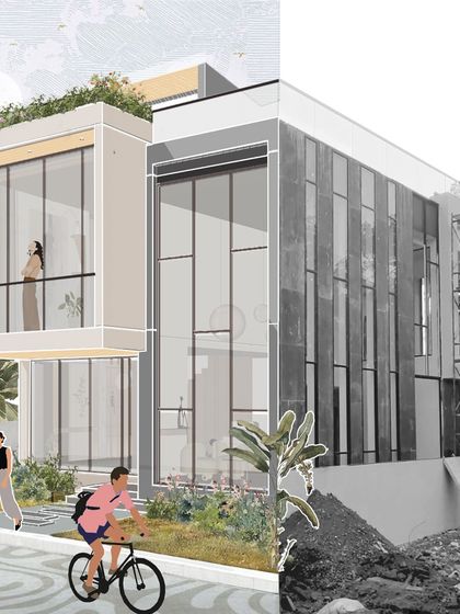 A side-by-side comparison of the initial design illustration and a photo of the villa under construction. This shows the direct translation of our 2D vision into a 3D structure.