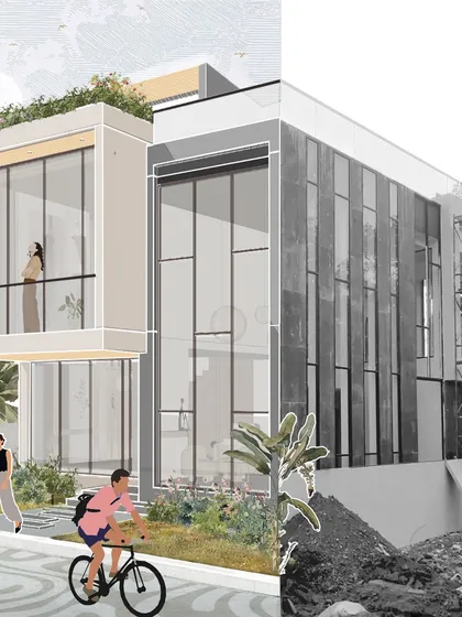 A side-by-side comparison of the initial design illustration and a photo of the villa under construction. This shows the direct translation of our 2D vision into a 3D structure.