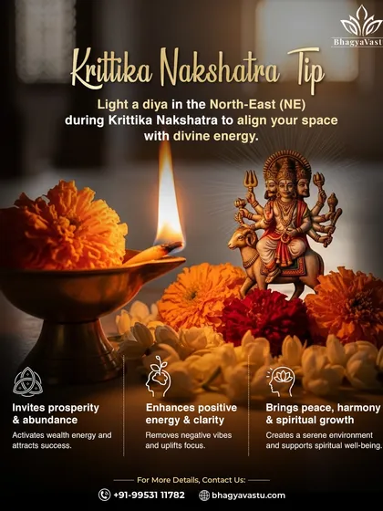 A simple tip for Krittika Nakshatra. To align your space with divine energy during Krittika Nakshatra, light a diya in the North-East direction of your home. This simple act invites prosperity, enhances positive energy, and supports spiritual growth.