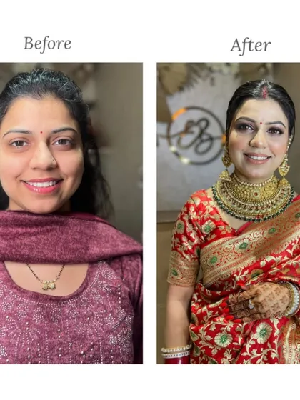 The power of a professional makeover, side-by-side. We enhanced her natural features with a radiant base, defined eyes, and a complementary lip color, creating a timeless look for this beautiful bride in her red Banarasi saree.