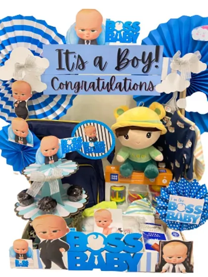 Welcoming the new boss! This fun "Boss Baby" themed closet hamper is packed with clothes, toys, and essentials, all curated to celebrate the arrival of a baby boy.