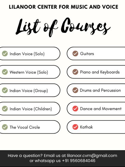 A simple list of the diverse courses we offer, from Indian and Western voice to various instruments and dance forms.