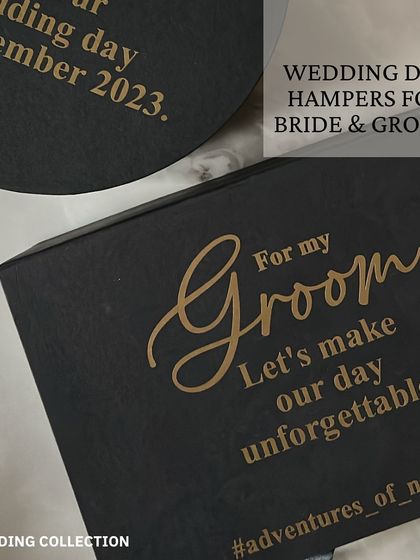 A special gift from a bride to her groom on their wedding day. This personalized box reads "For my Groom, Let's make our day unforgettable."