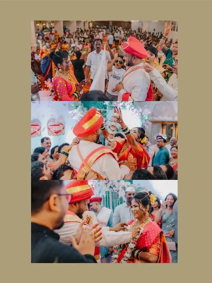 A collage capturing the energy and excitement of the 'Jaimala' or garland exchange ceremony.