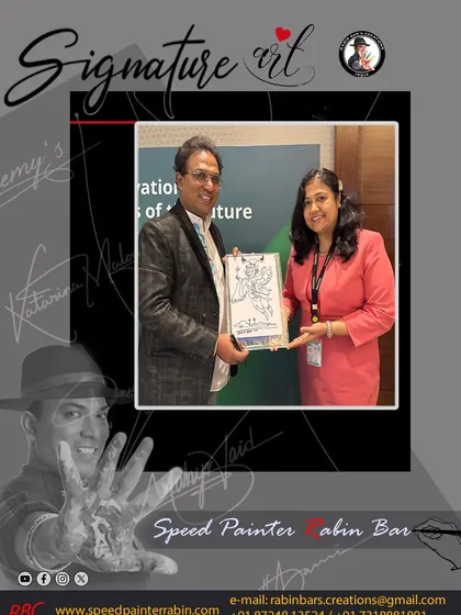 Presenting a completed signature artwork to an attendee at a Deloitte event in Hyderabad. Each piece is framed and ready to display.