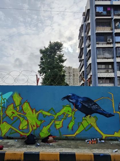 A blue wall jam with some of the best artists in the scene. My contribution is the sharp, green anti-style lettering, which contrasts with the realistic blue bird painted by Elmacation.