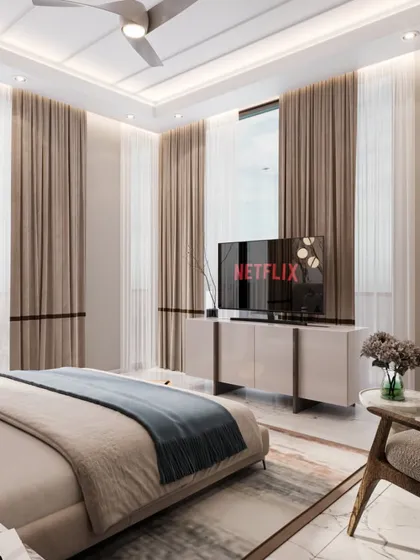 This contemporary bedroom design features sleek lines and warm, neutral tones. Large windows with sheer and heavy curtains provide both light and privacy, creating a sophisticated and comfortable retreat.