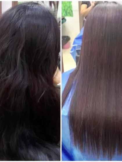This before and after image shows the power of a Hair Botox treatment. I took this client's hair from dull and frizzy to incredibly smooth, straight, and healthy-looking. This deep repair treatment is perfect for restoring shine and manageability.