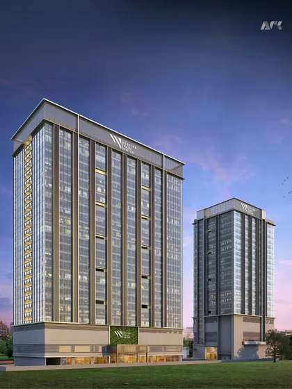 A render of the two towers of the Crescent Western Trade Center. The design thoughtfully integrates amenities like a gym, café, and lounge areas to provide a seamless blend of productivity and well-being.