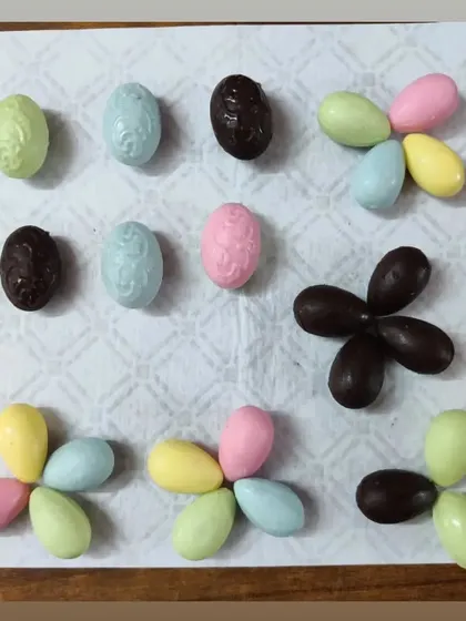 These are my solid chocolate Easter eggs, made with milk, dark, and colored white chocolate. They have a lovely molded pattern and are a simple, classic Easter treat.