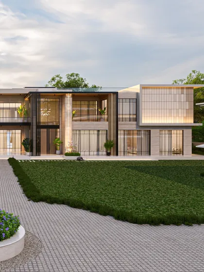 A render of a contemporary residence defined by its innovative use of glass, sharp edges, and linear geometry. The facade is a dramatic composition of layered volumes and black accents that create depth and contrast.