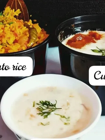 A combo of my flavored rice bowls: tangy Tomato Rice and cooling Curd Rice with a side of raita.