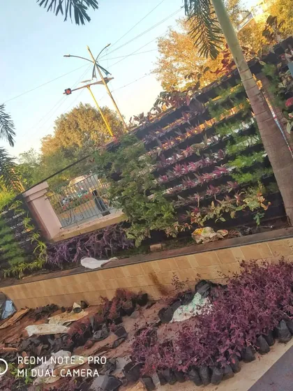 The vertical garden wall during installation. You can see the empty pots being filled to create a living wall.