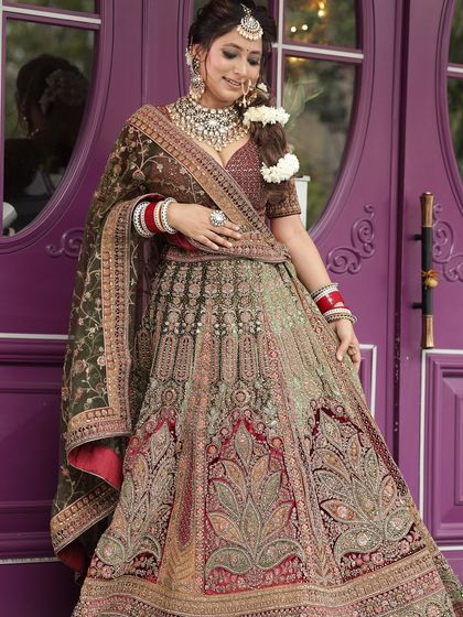 A bridal look featuring a unique olive and maroon lehenga. The close-up on the jewellery and the full-length shot provide a complete picture for stylists.