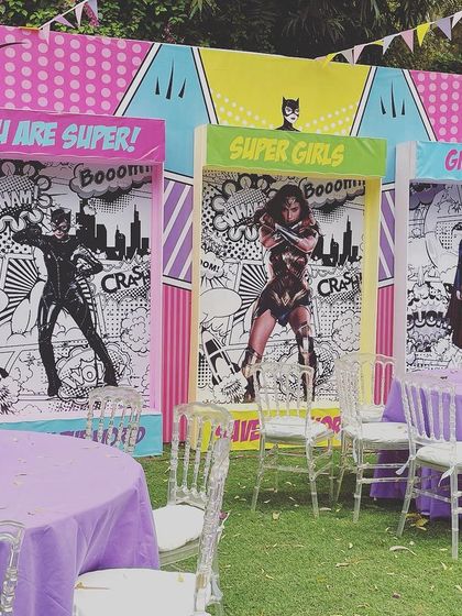 Who says superheroes are just for boys? For a set of twin girls, I created these 'Super Girls' photo booths, designed like giant doll boxes. It's a fun, empowering twist on the classic superhero theme.
